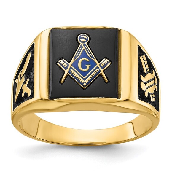 14k Yellow Gold Genuine Fine JewelryMen'sBlack Enamel & Onyx Masonic Ring